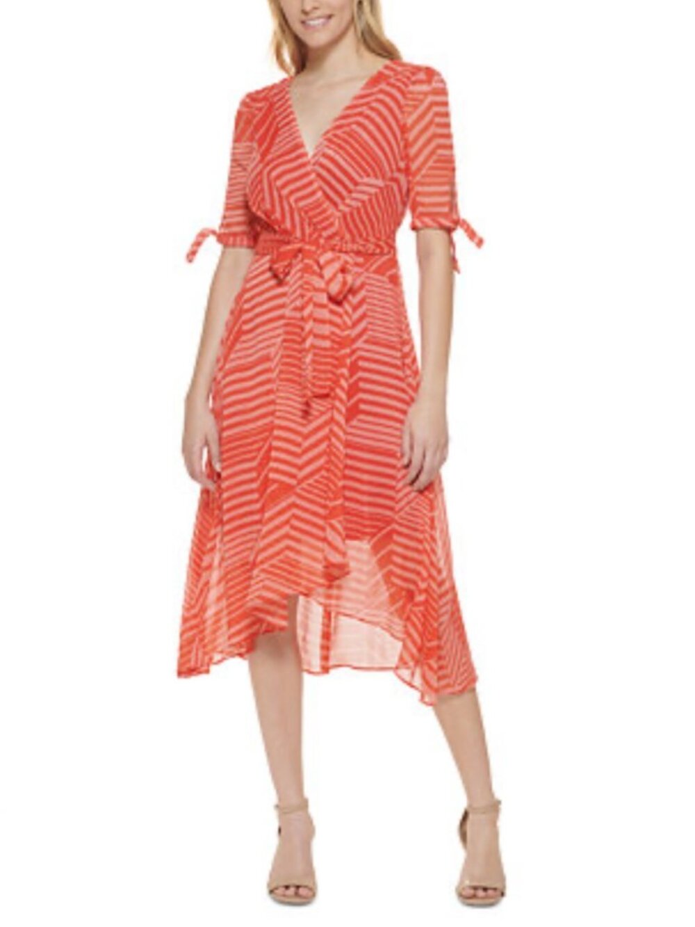 NWT Tommy Hilfiger Red-Orange Striped Midi Wrap Dress Size 6